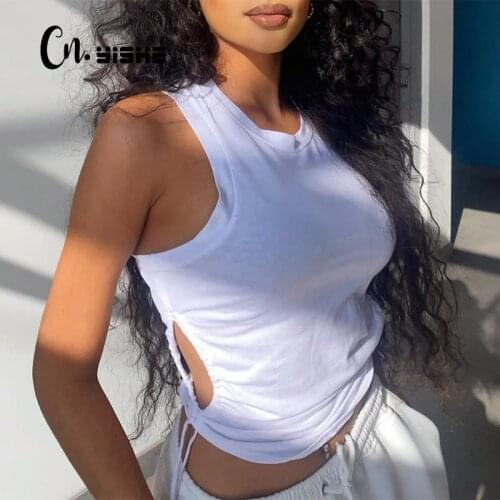 CNYISHE Drawstring O Neck Spring Top Womens T-shirt 2021 Streetwear Wild Black Cropped Shirts Female Blusas Sexy Sleeveless Tee