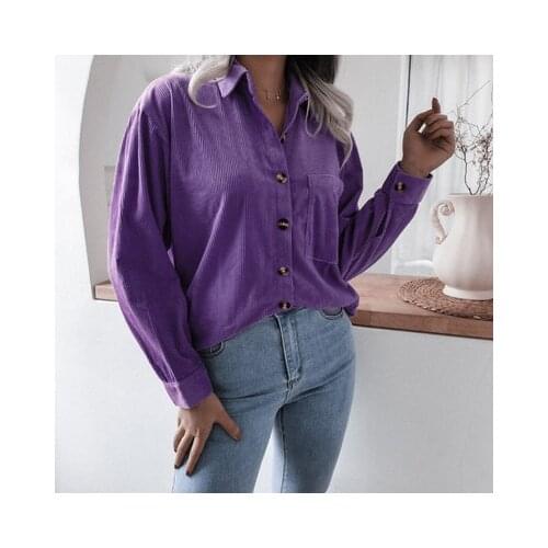 Purple Casual Pockets Corduroy Blouse Long Sleeve Turn Down Collar Solid Office Lady Loose Shirt 2021 Winter Fashion Female Top