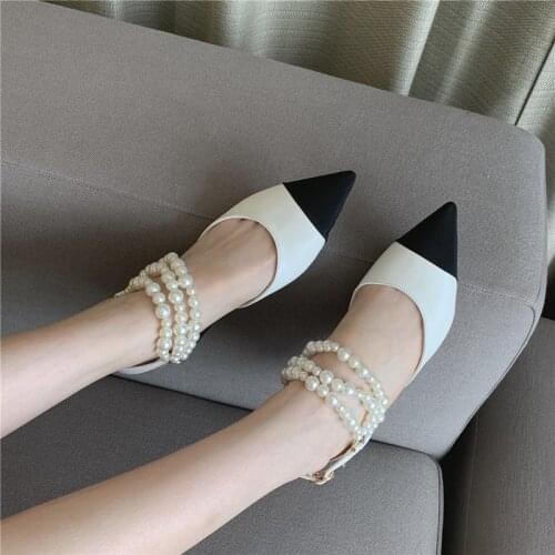 2021 Brand Design Women Slingback Pumps Pointed Toe Shoes Woman Pearls Mary Jane Sandals