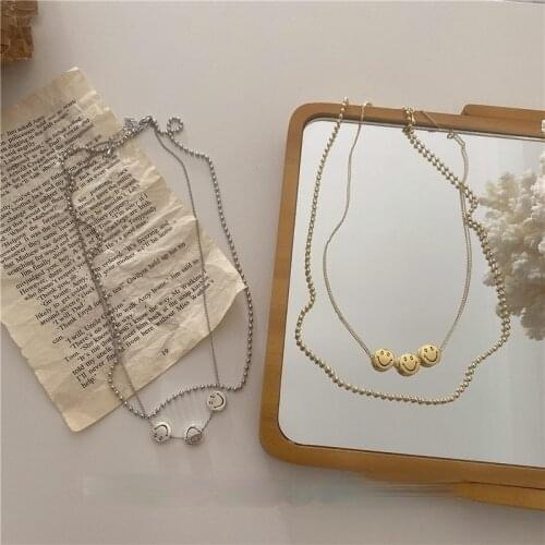 VSnow Unique Design Double Layer Metallic Smile Face Pendant Necklace for Women Girls Fairy Circle Bead Chain Necklace Jewelry