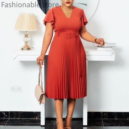Women Solid Color V Neck Pleated Midi Dress with Belt Plus Size