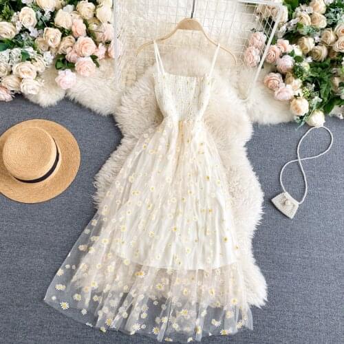 2021 Summer small daisies Dress Women Fashion Sleeveless Sweet Voile Mesh Embroidery French Party Dress women