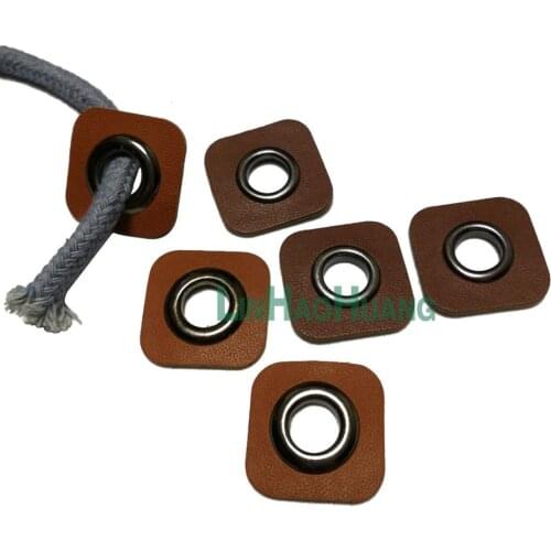 30pcs/lot 22mm square brown PU leather sew on Badges patch labels + inner 8mm metal brass eyelets grommets free shipping