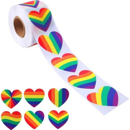 500pcs/roll Glitter Gay Pride Stickers Love Pride Rainbow Stickers Heart Shaped Stickers Label for Valentines Day Love Decor