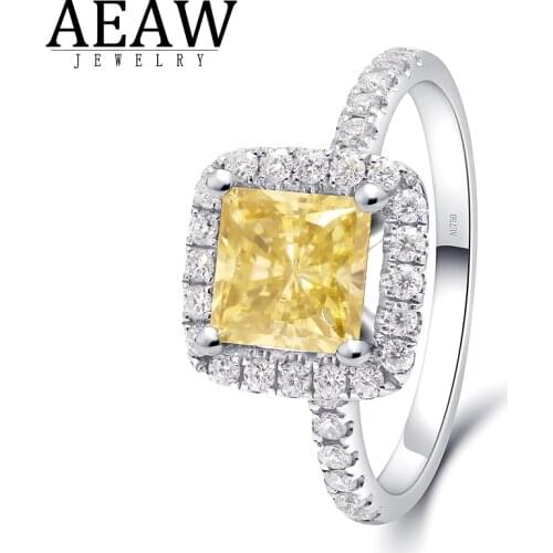AEAW 2ct 7.0mm EF Princess 14K White Gold Yellow Moissanite Ring Diamond Test Passed Claw Setting Christmas Gift