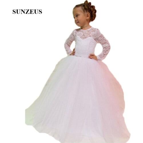 White Tulle Ball Gown Flower Girls Dresses Sheer O-Neck Long Sleeve Child Communion Dresses robe mariage fille SF60