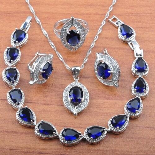 Eye Design Blue Crystal Silver Color Jewelry Set For Women Earrings White Zirconia Necklace Pendant Rings Bracelet Set JS0232