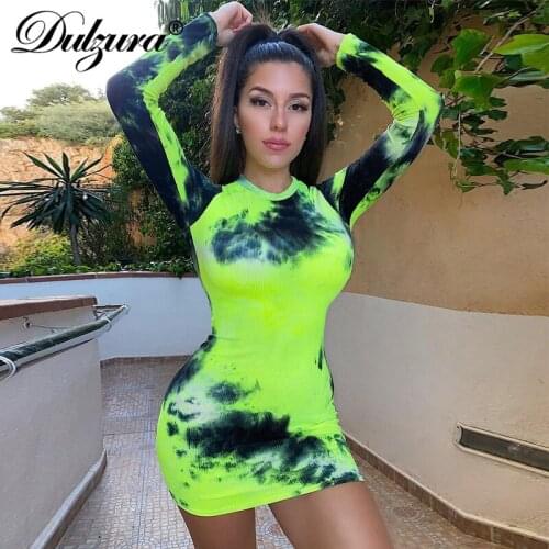 Dulzura Tie Dye Print Ribbed Long Sleeve Mini Dress Bodycon Sexy Streetwear Party Club Women 2021 Autumn Winter Clothes Y2K