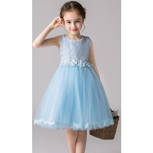 Elegant Summer Mesh Sky Blue Little Girls Ball Gowns Princess Kids Junior Bridesmaid Dresses Evening Prom Party Vest Sundress