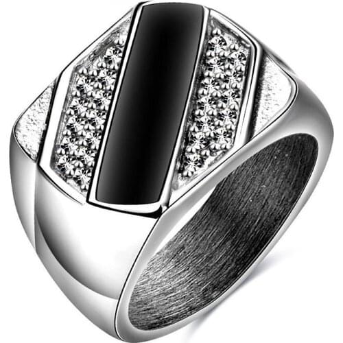 Retro Black Zircon Stainless Steel Mens Wide Ring Anniversary Gift Engagement Wedding Ring
