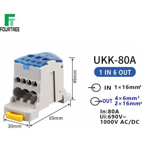 UKK 80A Terminal Blocks One In Several Out Power Distribution Junction Box Universal Electric Wire Connector Din Rail 6 Way Out