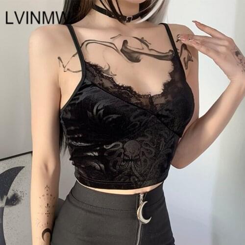LVINMW Spaghetti Straps Pattern With Lace Sexy Gothic Slim Camis V Neck Casual Fashion Trim Women Tops Backless Black Crop Top