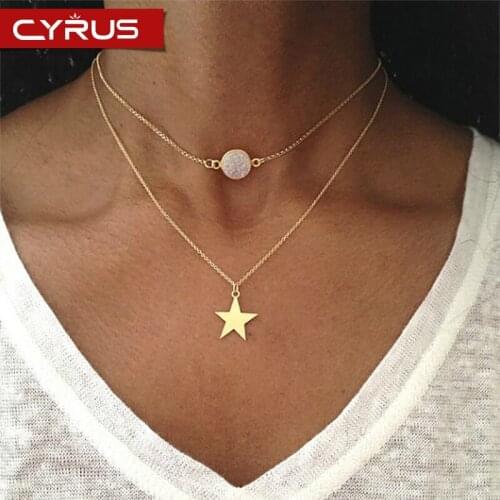 Trendy Double Layers Scrub Crystal Necklace for Women Gold Pentagram Pendant Simple Statement Jewelry Parure Femme Sieraden