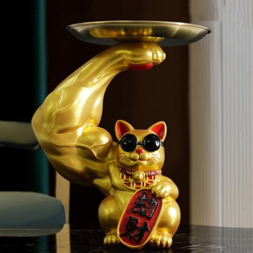 Muscle Arm Lucky Cat Ornaments Resin Golden Cute Animal Storage Tray Ornaments Modern Living Room Home Decoration Accessories