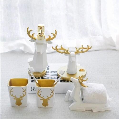 Bathroom Accessories Set Soap Dispenser Soap Dish Toothbrush Holder Gargle Cup Paper Holder Storage Box Gold Resin Wedding Gift