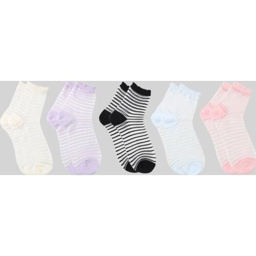 DONGAI 5 Pairs Spring Summer Glass Short Socks Female Thin Crystal Silk Women Cotton Lace Striped Five Color Transparent Socks
