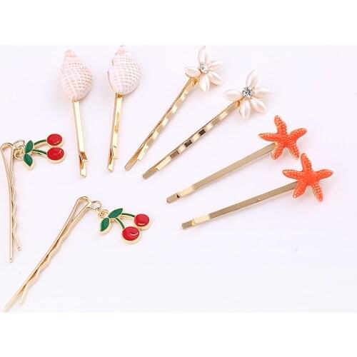 New Fashion Women Girls Cute Enamel Starfish Conch Cherry Simulated-pearl flower Bobby Pins Holiday Ocean Fruit Hairpins