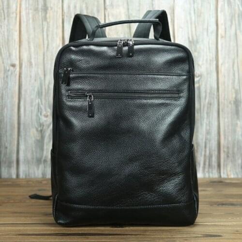New Fashion Genuine Cow Leather Mens Backpack 14" Laptop Bag