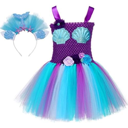 Girls Mermaid Princess Tutu Dress Purple Sea Blue Flowers Shell Toddlers Birthday Party Cartoon Costume Halloween Carnival Wear