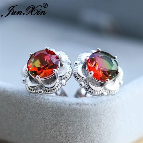 Luxury Charm Mystic Flower Earring White Gold Rose Gold Colorful Rainbow Fire Crystal Red Green Stone Wedding Earrings For Women