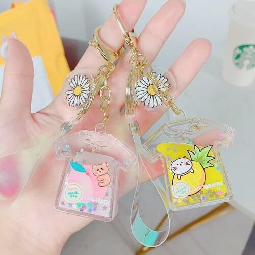 DIY Fashion Creative Personality Fruit Keychain Acrylic T-shirt Floating Quicksand Bottle Keychain Bag Pendant Best Friends Gift