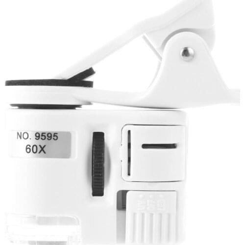 Universal Clip Microscope 60X LED Jewelry Magnifying Glass Focusing Adjusted Pocket Microscope with Cell Phone Clip UV Light