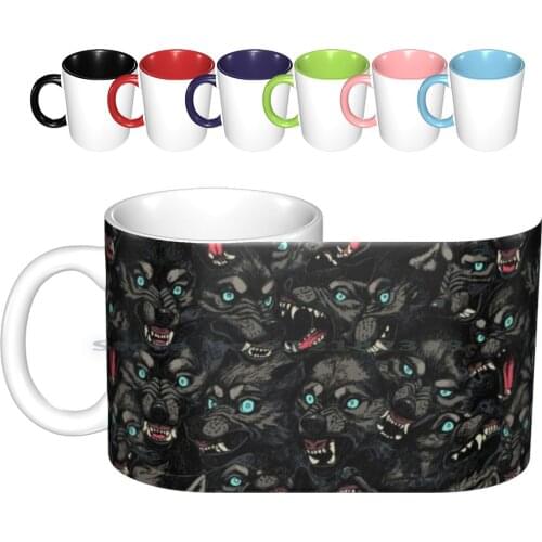 Wolf Pack Pattern Ceramic Mugs Coffee Cups Milk Tea Mug Wolf Pack Beast Animal Werewolf Dark Evil Horror Halloween Pattern