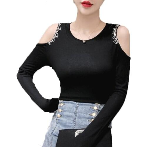 Plus Size Spring Autumn Women T-Shirt Female Tops Long Sleeve Tees White Black Blue Brown 2020 New Off Shoulder W1213