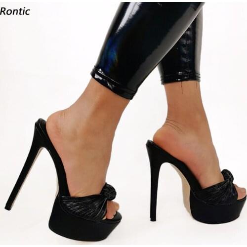 Rontic Handmade Women Platform Mules Sandals Sexy Knot Stiletto Heels Open Toe Pretty Black Party Dress Shoes US Size 5-20