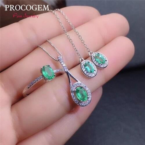 VS Natural Real Emerald set for women Party Wedding Necklace Ring Earrings Fine Jewelry Sets Genuine Green Gemstones S925 Silver