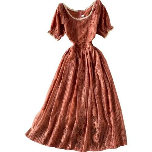 YUZACDWX Women Short Sleeve Slim Long Dress Femme Designer Sweet Hollow Out Lace Runway Dress Vintage Vestidos Mujer Verano