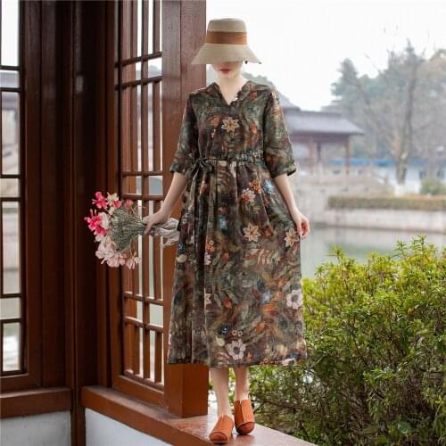 2021 spring and summer new print dress V-neck loose waist lace up Quarter Sleeve ramie dress for women