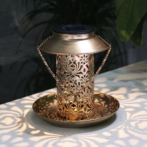 Antique Metal Bird Feeder Outdoor Hanging Solar Powered LED Lawn Lamps Bird Food Holder Container Garden Decorations Dropship