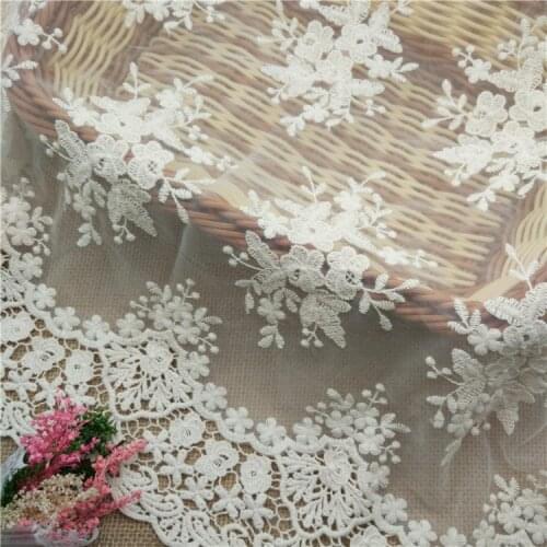Beige White Cotton Thread Hollow Mesh Embroidery Flower Lace Fabric 130CM DIY Womens Clothes Dress Sew Accessories CR2338