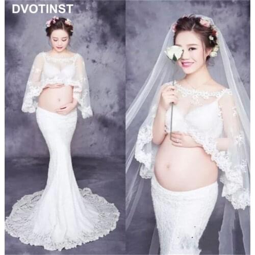 Dvotinst Women Photography Props Perspective Maternity Dresses Lace Half Sleeve Pregnancy 3pcs Set Studio Shoots Photo Clothes
