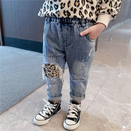 Jeans Girl Leopard Pattern Girl Jeans Kids Spring Autumn Trousers For Children Casual Style Clothes For Girls