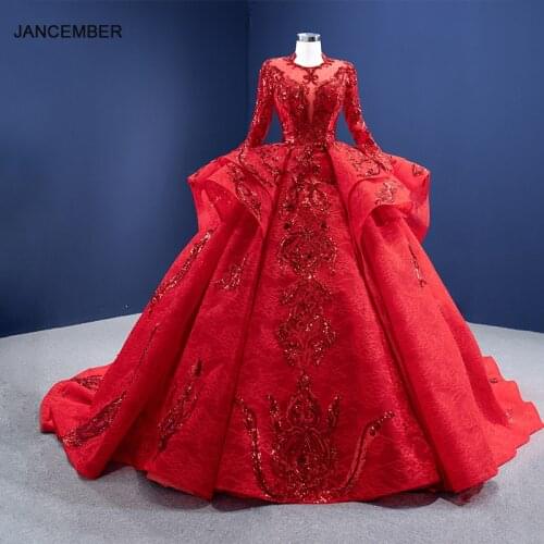 J67298 JANCEMBER Red High Collar Bridal Evening Dress Luxury New Frill Applique Print V-neck Long Sleeve Banquet Formal Gow