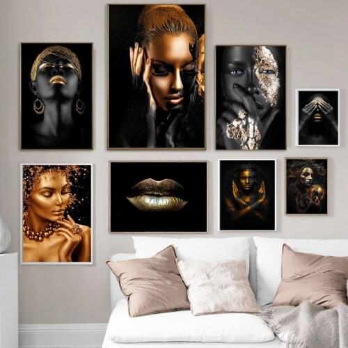 African Art Black and Gold Woman Canvas Art Poster and Print Character Scandinavian Canvas Painting Home Wall Decor Picture
