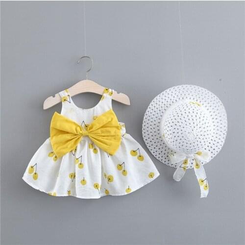 KEAIYOUHUO 2021 Summer Baby Casual Hat + Dress Two-piece Suits Big Bowknot Children Clothing Baby Newborn Girls Party Dresses