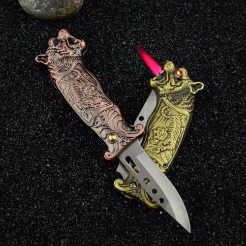 Creative Portable Dragon Tiger Head Folding Knife Multifunctional Butane Windproof Lighter Cigarette Accessories Outdoor Gadgets