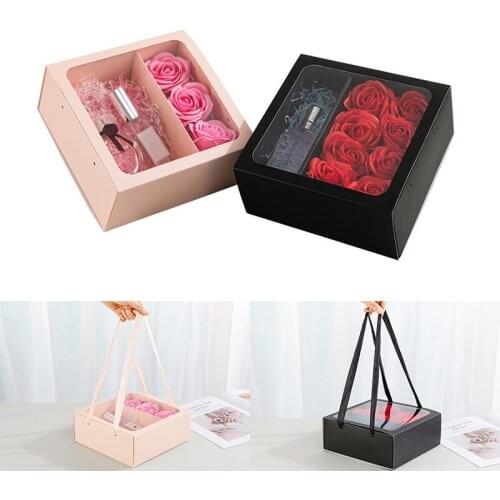 Square Gift Box with Clear Window Drawer Style Display Florsit Flower Bouquet Packaging Boxes Wedding Party Birthday Supplies