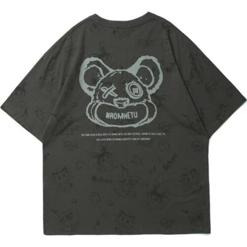 2021 Summer Cotton Mens T-shirt New Ins Anime Bear Print Drop Shoulder Oversize Short Sleeve Fun Cartoon Compassionate