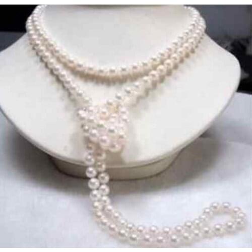 Fashion jewelry Free Shipping 7-8mm AAA+ perfect round South Sea White Pearl Necklace 50 inch 14K Clasp
