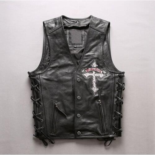 Fashion Genuine Men Slim Fit Embroidery Cowskin Leather Motorcycle Biker Vest V-neck Collar Short Coat