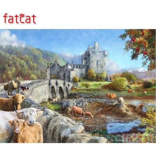FATCAT Castle Highland Cow 5D DIY Diamond Painting Full Square Diamond Embroidery Mosaic Needlework Animals Home Decor AE1420
