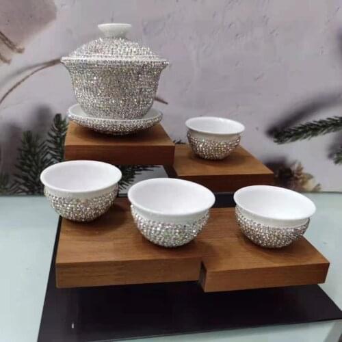 Sparkling Tea Cup Set with Rhinestones Ceramic Mug Teapot White Gaiwan Teaware Porcelain Kungfu Tea Set Chinese Teapot Sets
