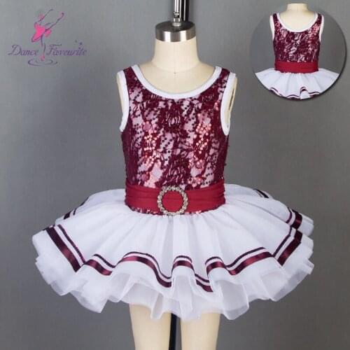 19001 Dance Favourite New Kids Ballet Tutu Stage Costumes Burgundy Sequin Lace Bofice Top with White Tulle Tutu Dancewear