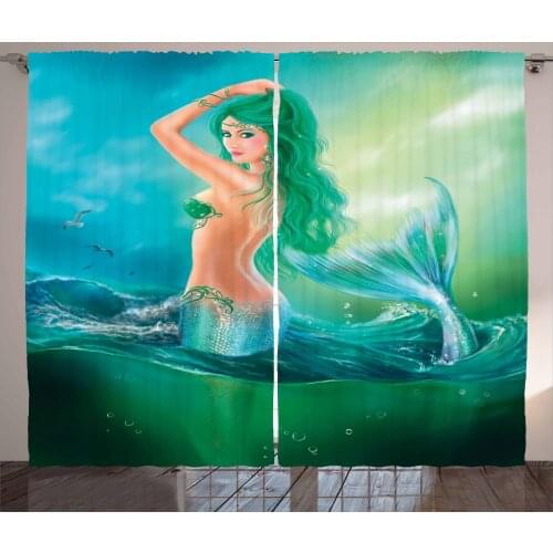Mermaid Curtains Green Haired Fish Lady Ocean and Sky Satin Fabric Drapes for Living Room Bedroom 2 Panel Window Set