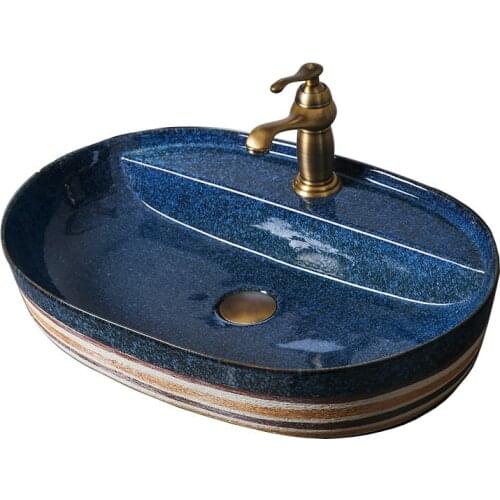 Washbasin bathroom art basin blue ceramic wash basin sink Oval toilet basin with fauce shampoo basin counter basin with drainer