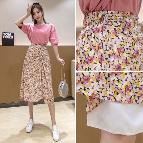 Irregular Pleated Floral Long Skirt Women Vintage Sweet High Waist Summer Skirts For Girl Korean Fashion 2021 Jupe Longue Femme